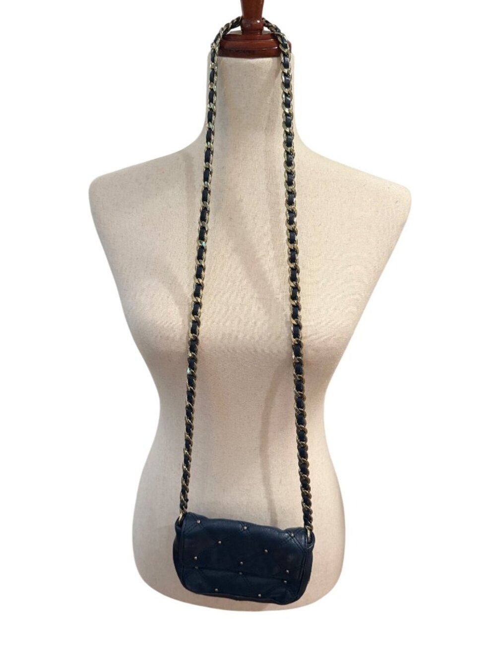 Juicy Couture Navy Blue Quilted Leather Mini Crossbody Bag Gold Chain Studded Y2